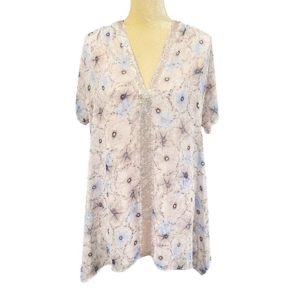 Anthropologie One September Lyla Flower Print Sequined Tunic Top Blouse Size XS - Picture 2 of 9